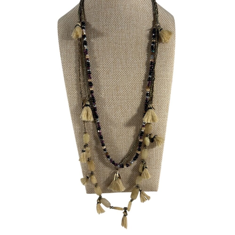 Multi Strand Tassel Seed Bead Necklace Gold Tone Cream Beaded Boho